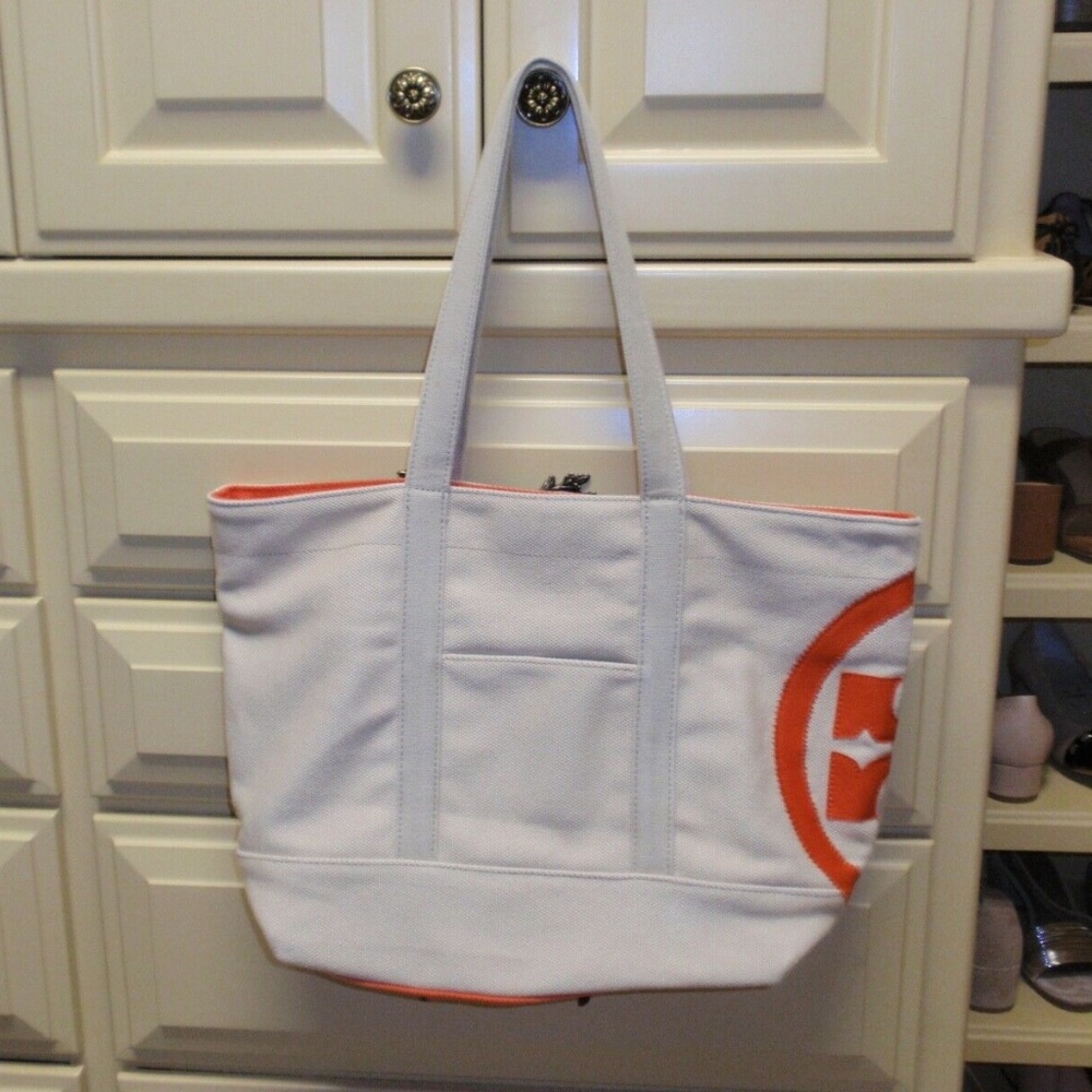 Tory Burch Canvas Natural Blood Orange Zip Tote